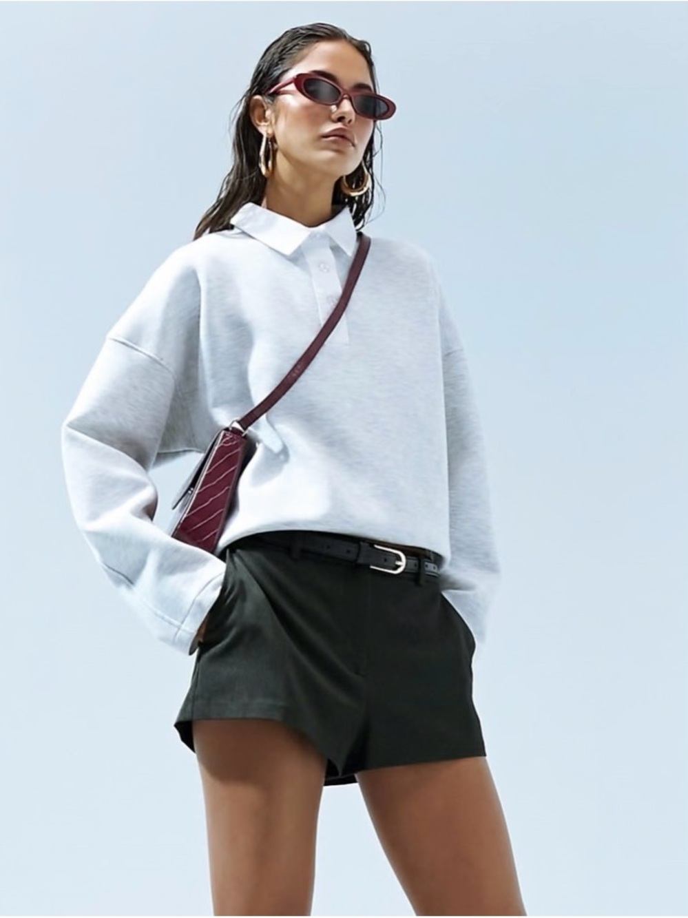 ASOS DESIGN - scuba-style fabric cropped boxy rugby shirt in grey marl MED